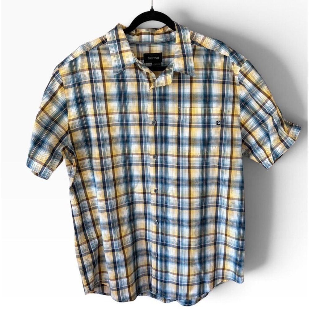 Marmot Green Yellow Brown Plaid Short Sleeve Outdoor Hiking Shirt Mens XL
